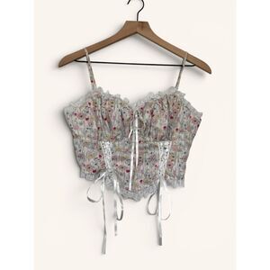 Fairycore Renfaire Lace-Up Floral Lace Corset Bustier Ruched Back Bows Size XS/S